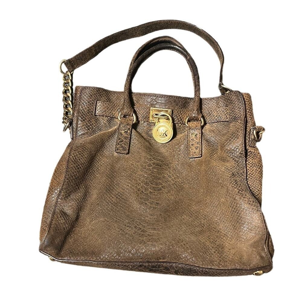 Michael Kors‎ Hamilton Satchel Womens Large Brown Snakeskin Print Leather Tote